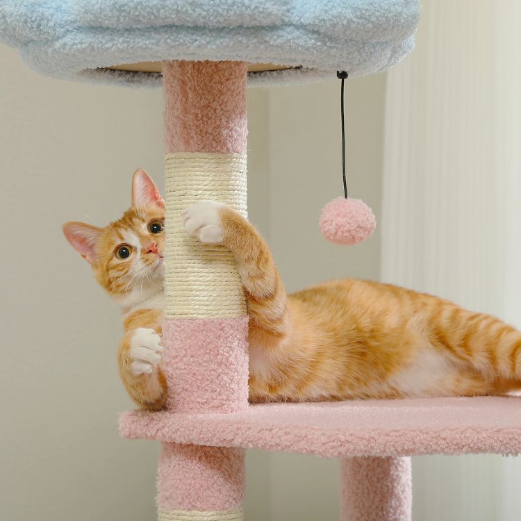 Arbre a chat Le Jardin Floral avec plateformes multi-niveaux, maisonnette, lit fleur et poteaux en sisal, parfait pour jeux et détente féline.