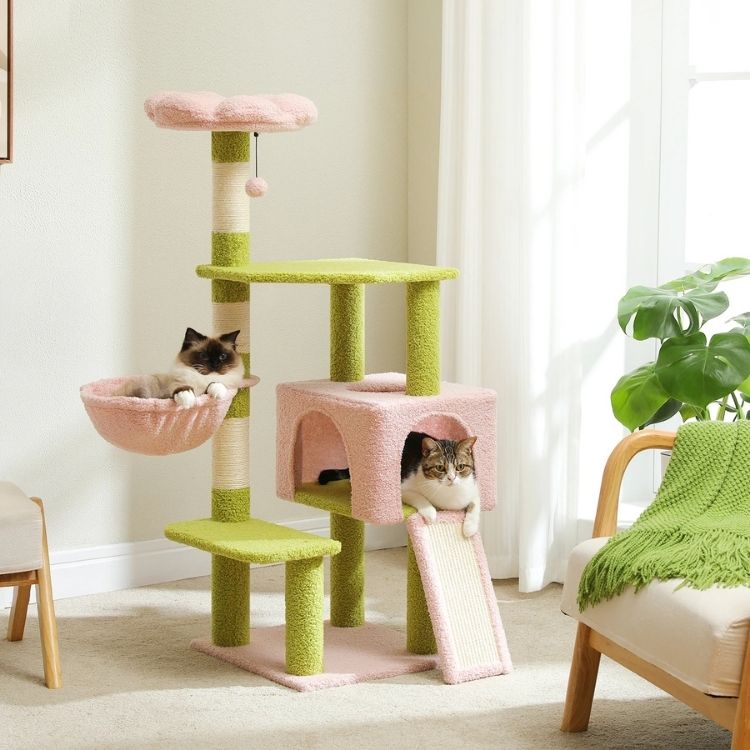 Arbre a chat fleur vert et rose avec plusieurs niveaux, plateformes et poteaux en sisal, idéal pour jouer, grimper et se reposer.
