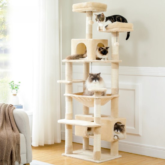 Arbre à chat xxl beige avec griffoir intégré pour l'entretien des griffes