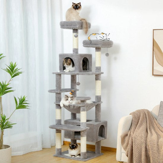 Arbre à chat xxl gris et beige adapté aux foyers avec plusieurs chats