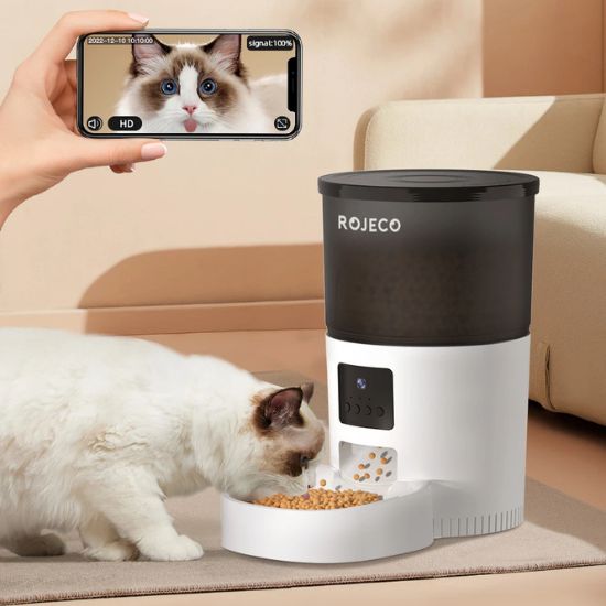 Distributeur de croquettes pour chat avec WiFi Caméra, un chat mange des croquettes depuis un distributeur intelligent avec caméra intégrée.