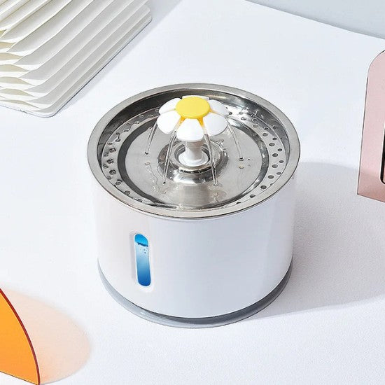 Fontaine à eau pour chat en acier inoxydable avec design fleur et indicateur de niveau d’eau bleu