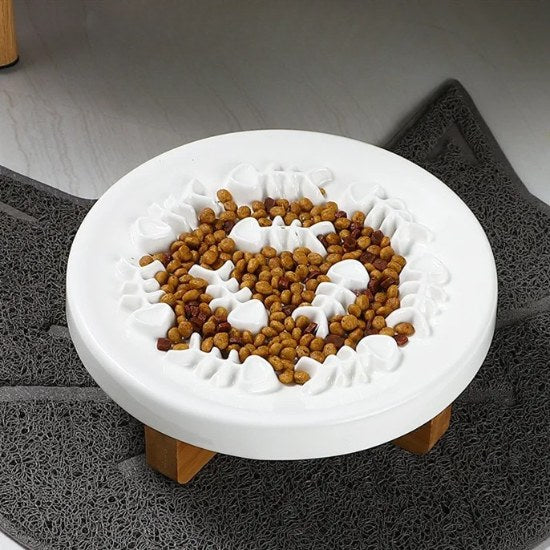 Gamelle anti-glouton céramique blanche motif poisson support bois