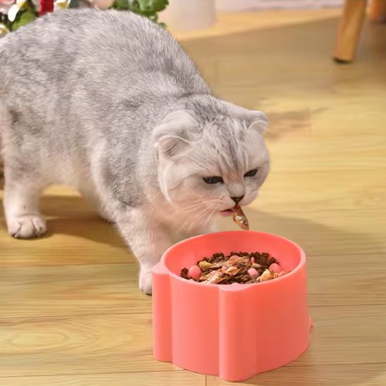 Gamelle anti glouton chat ergonomique rose avec chat mangeant, conçue pour ralentir l'alimentation, améliorer la digestion, base antidérapante sur sol intérieur.