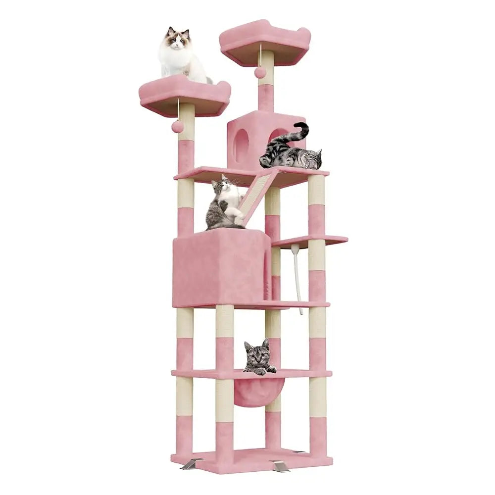 arbre a chat xxl multi-niveaux 208cm rose avec plateformes hamac poteaux sisal jouets plusieurs chats jouent et se reposent sur les différents niveaux