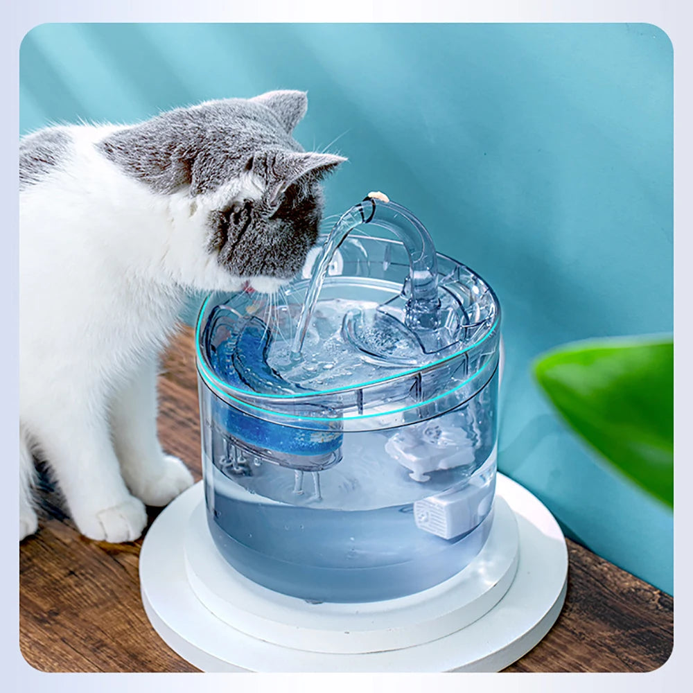 Fontaine à eau chat - Fleur d'Eau™: un chat gris boit paisiblement d'une fontaine, illustrant le bien-être et l'hydratation optimisés par ce produit innovant.