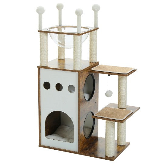 arbre a chat bois design scandinave vide avec capsule en hauteur et jouet pour chat integré
