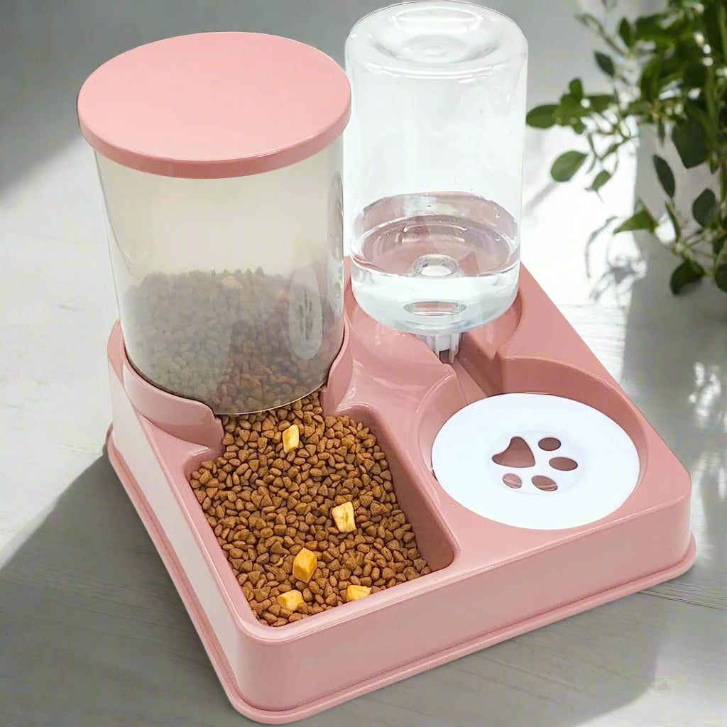 Distributeur croquettes chat rose automatique bols inclinés