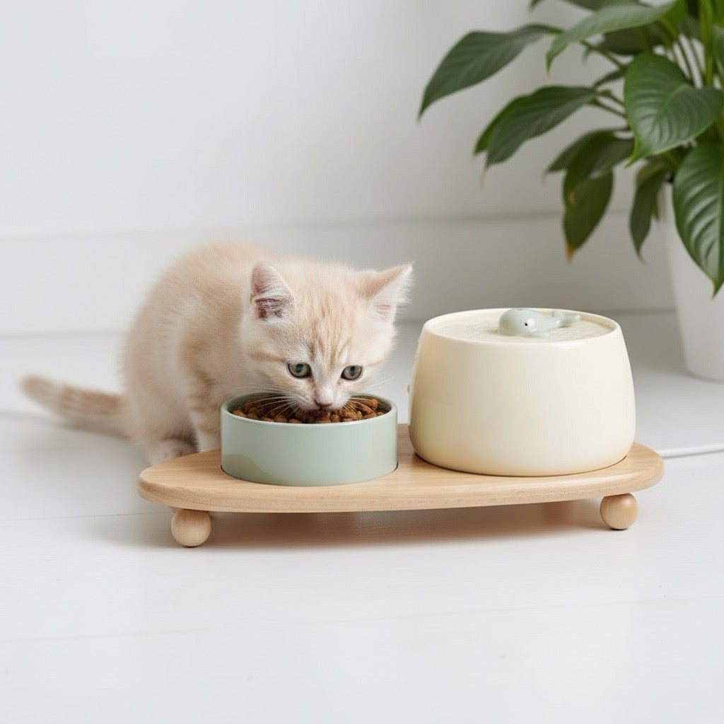 Fontaine à eau céramique avec gamelle et support - HydroBaleine