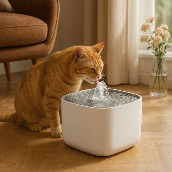 Fontaine à eau chat blanc pour hydratation optimale avec qui boit paisiblement dans le salon