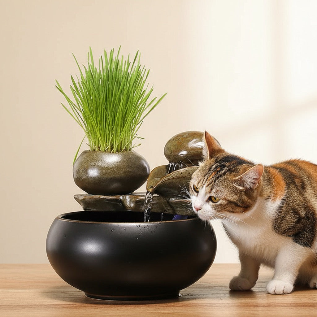 fontaine à eau chat céramique sans filtre argile cuite haute temperature avec chat buvant style zen sobre