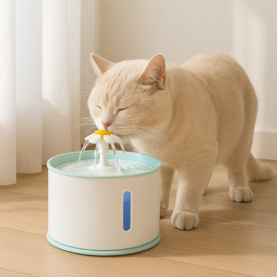 Fontaine à eau pour chat au design fleur avec un chat crème en train de boire tranquillement