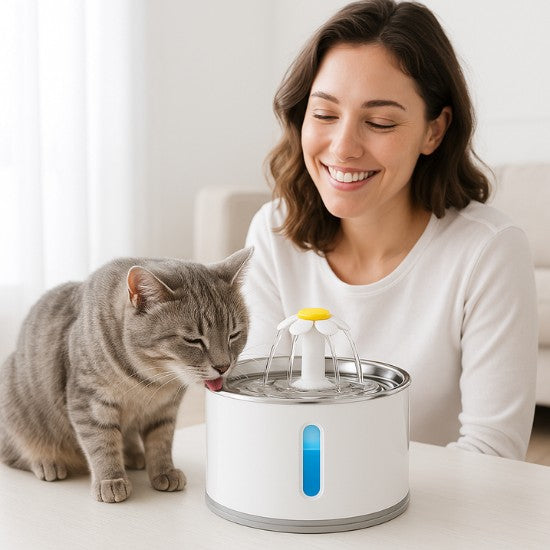 Fontaine à eau pour chat avec design fleur utilisée par un chat gris aux côtés d'une femme souriante