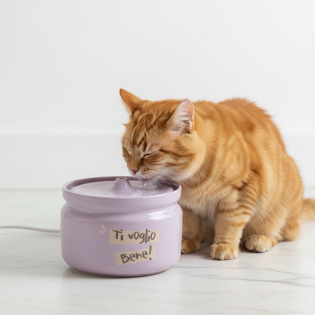 fontaine eau chat céramique silencieuse design violet avec chat qui boit paisiblement avec filtre charbon