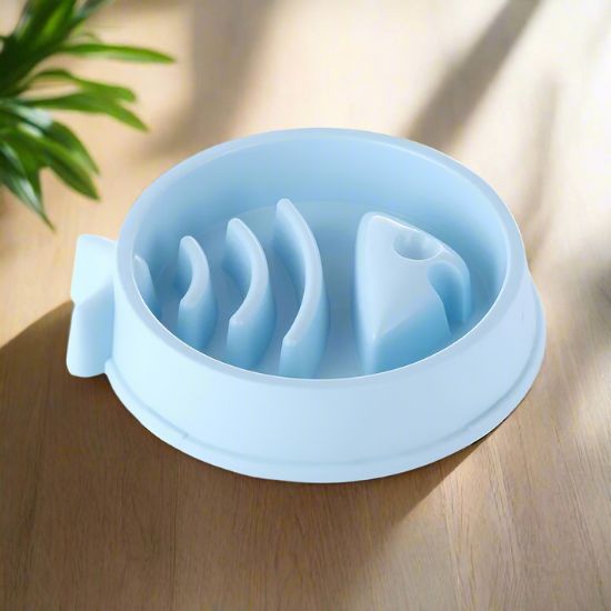 Gamelle anti glouton chat bleue plastique motif poisson digestion bien-être