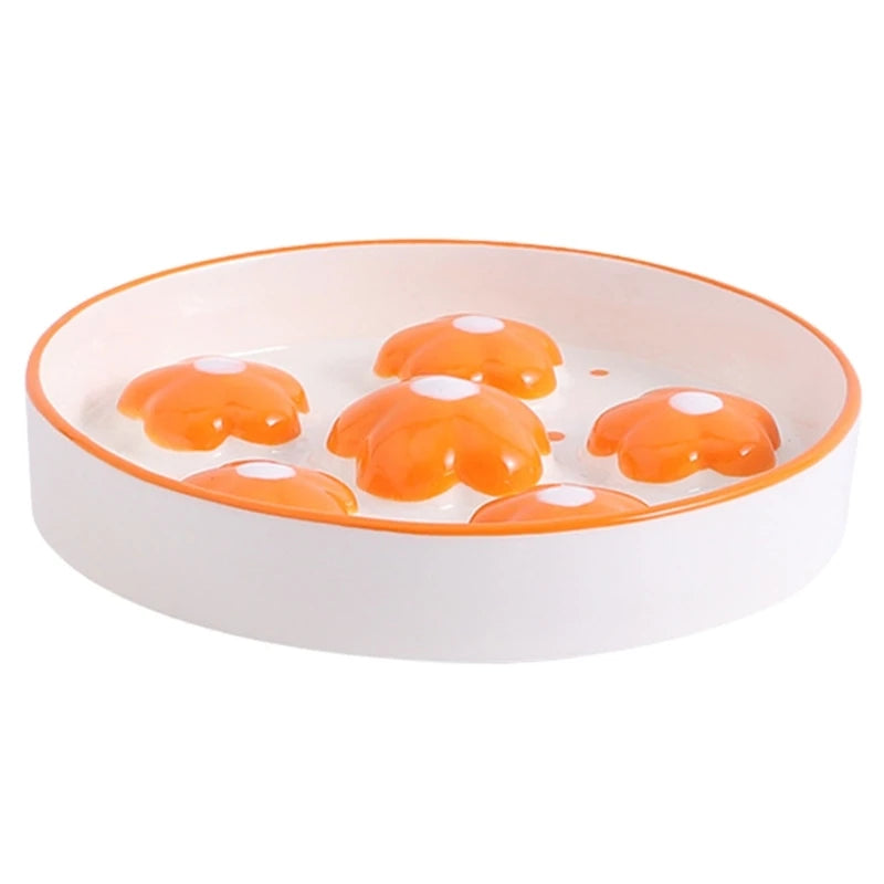Gamelle anti glouton chat céramique motif fleurs orange capucine