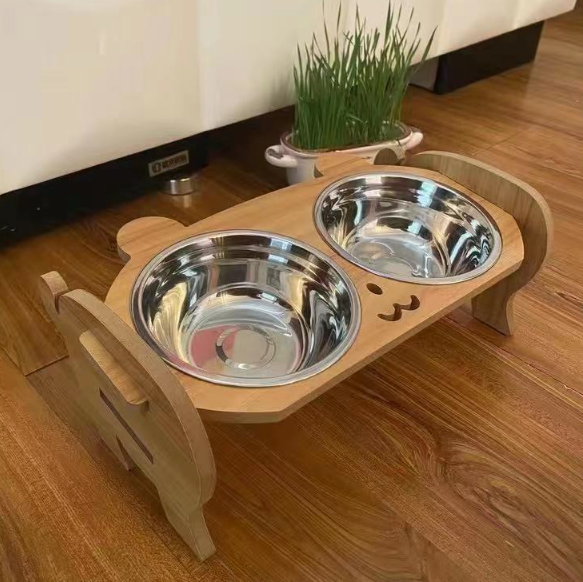 gamelle chat bol inox support bois surélevé design chat deux bols amovibles