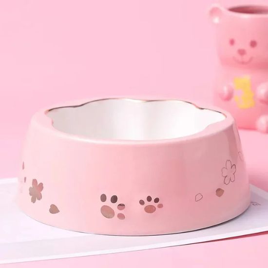 Gamelle chat porcelaine rose motif sakura patte dorée