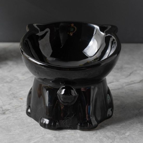 gamelle chat surélevée en céramique noire, en forme de chat avec cloche
