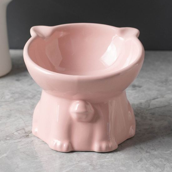 gamelle chat surélevée en céramique rose en forme de chat avec cloche