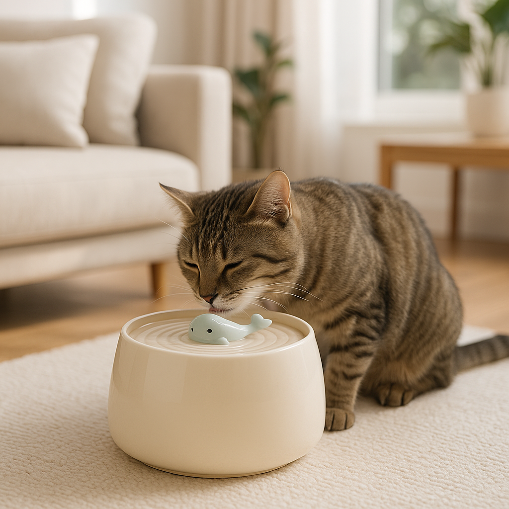 Fontaine à eau chat en céramique ultra-silencieuse beige avec bec en forme de baleine, idéale pour inciter l'hydratation naturelle de votre chat grâce à son flux continu