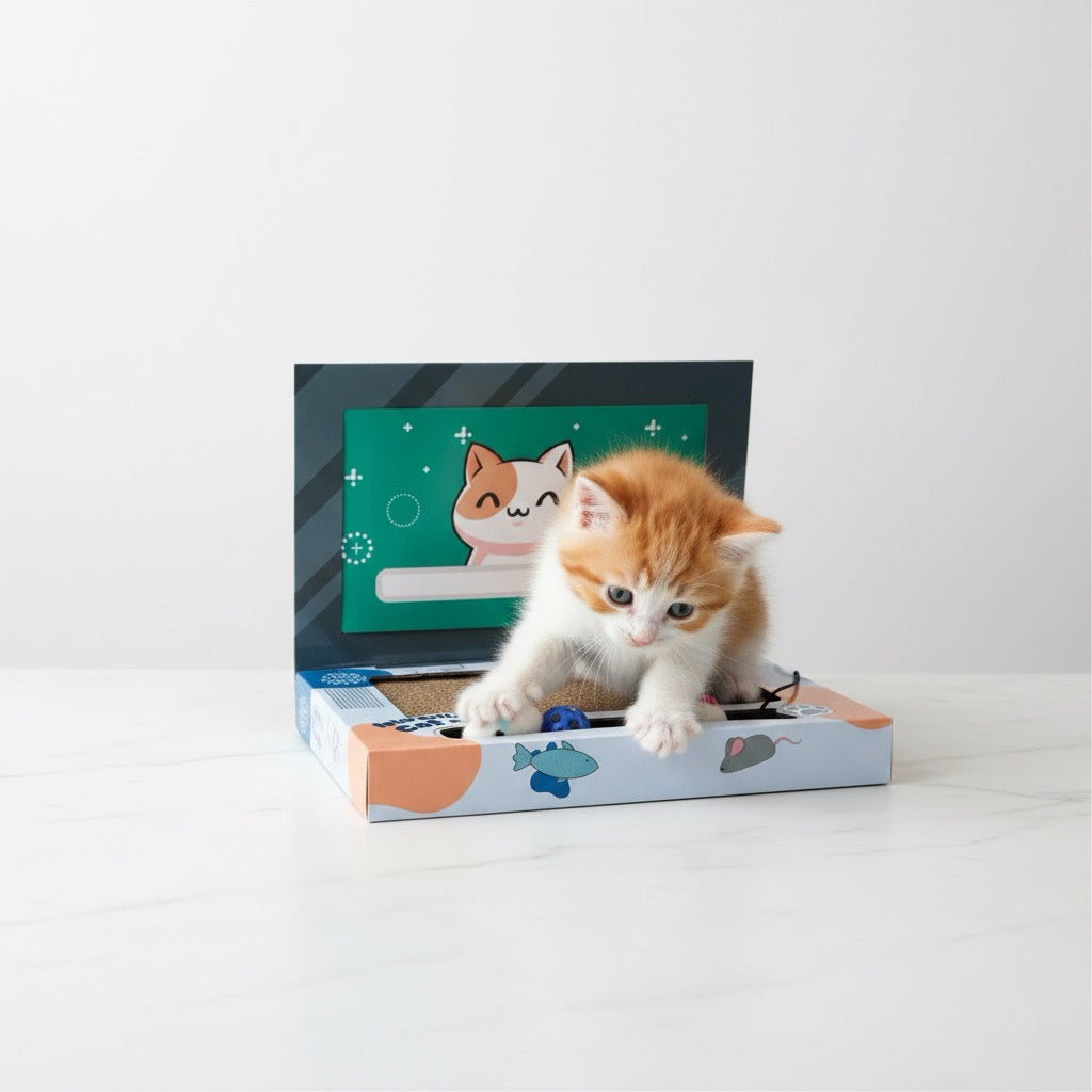 Griffoir carton pour chat design laptop avec jouets interactifs pour chaton et chat d’intérieur