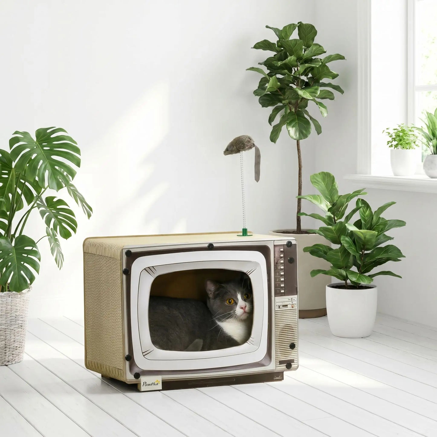 Griffoir chat carton avec cachette television pour chat et jouet souris interactive