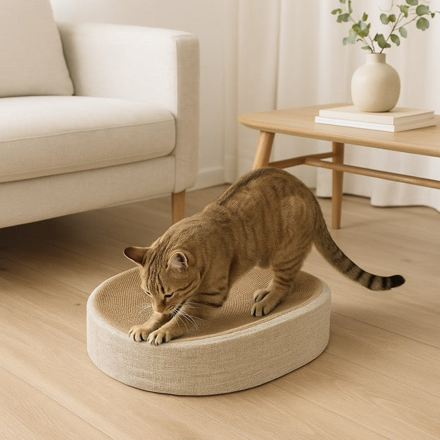 griffoir chat ergonomique oval concave en sisal avec un chat qui griffe et s'amuse
