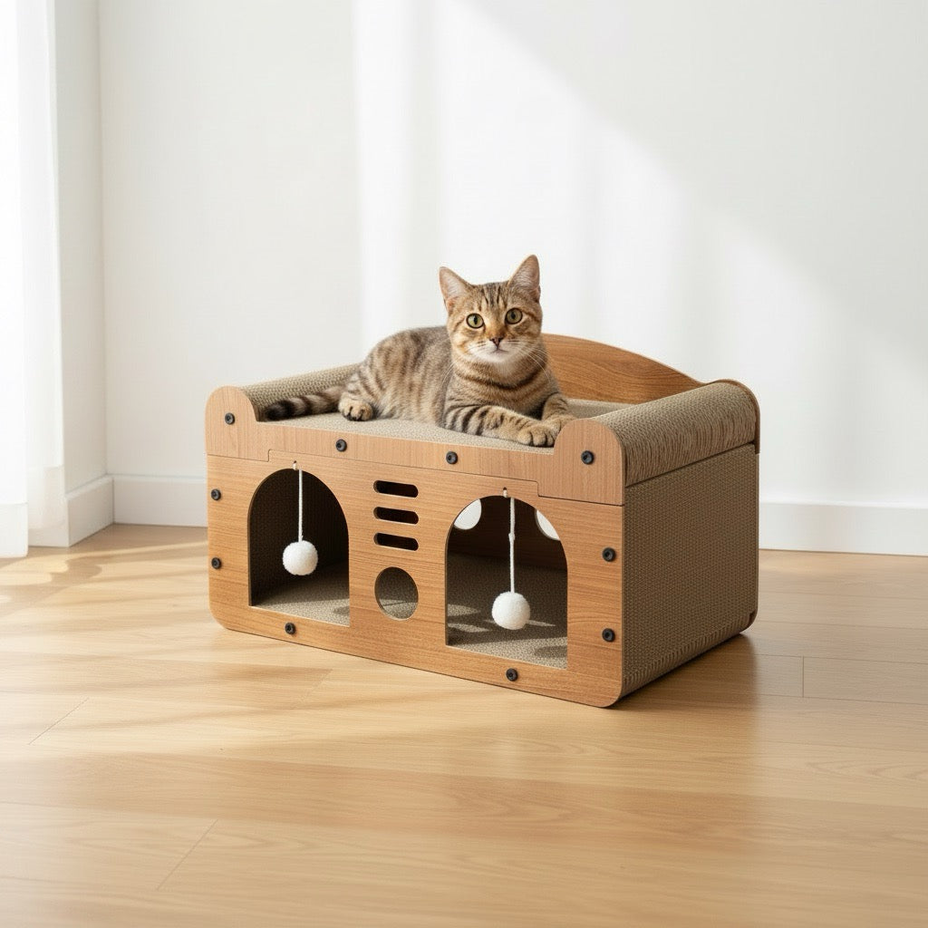 Griffoir en carton pour chat refuge maison avec espace repos et griffoir double face