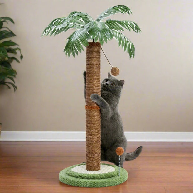 Griffoir pour chat en forme de cocotier avec chat gris qui grimpe