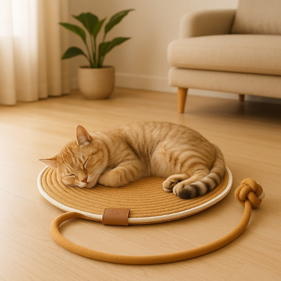 Griffoir pour chat rond caramel marron avec balle de jeu intégrée et un chat qui dort sur le tapis paisiblement