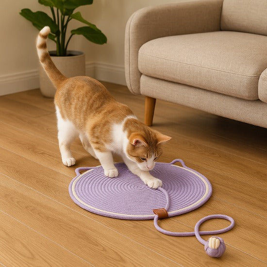 Griffoir pour chat rond violet avec balle de jeu intégrée