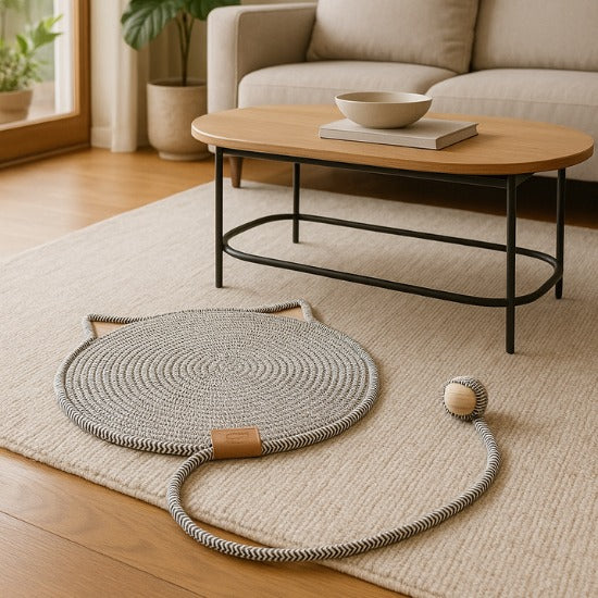 Griffoir pour chat rond tĂȘte de chat gris avec balle de jeu intĂ©grĂ©e