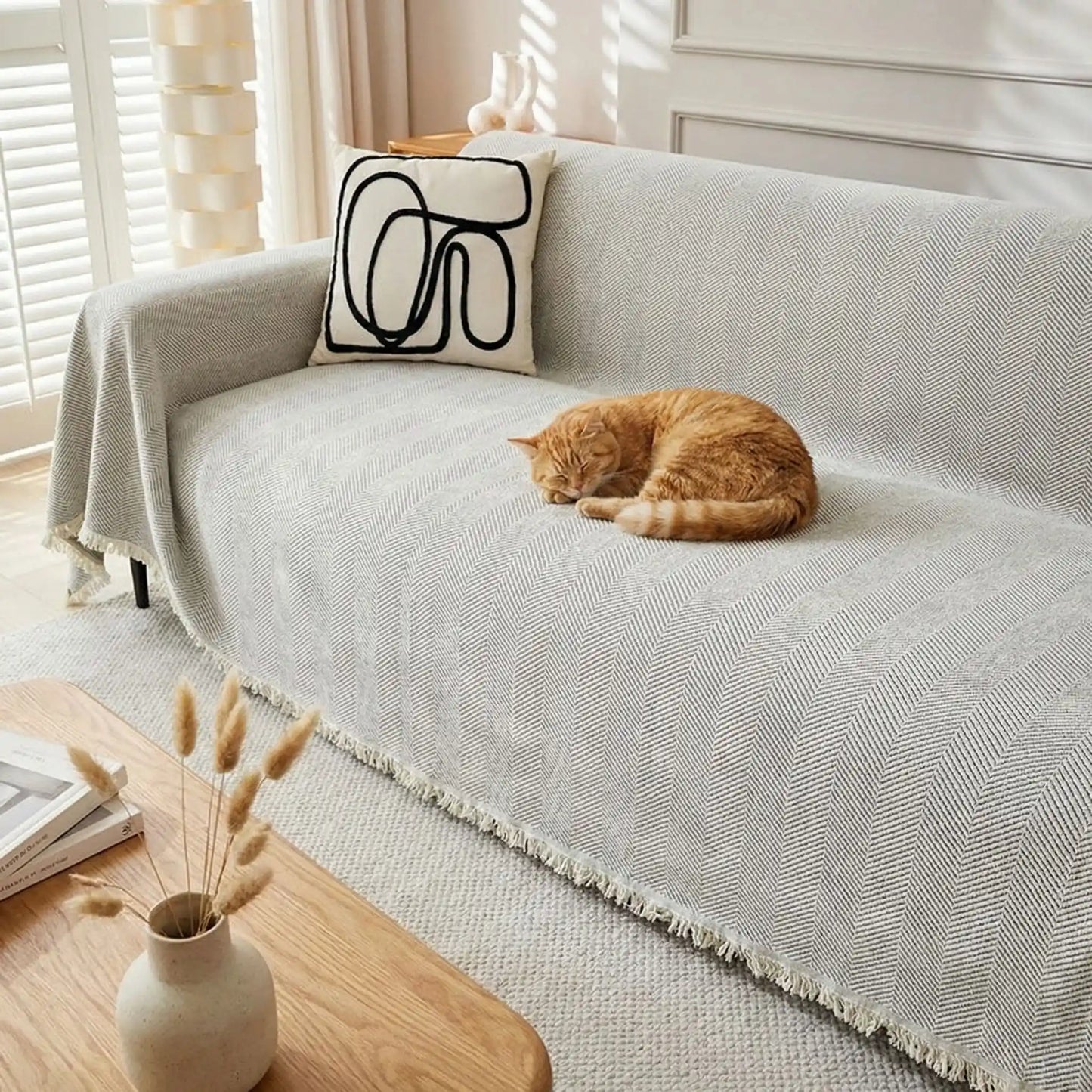 housse de canapé anti griffe de chat roux qui dort sur canapé beige clair protection anti-poils