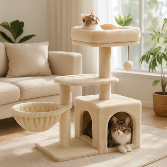 petit arbre a chat beige avec griffoir poteau chat deux chats se prélassent un sur le perchoir supérieur un autre dans la niche jouet pompon et hamac