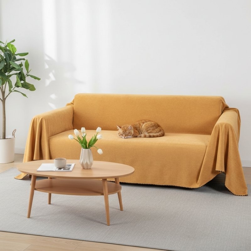 protection canapé anti-griffes chat sur un canapé jaune moutarde avec un chat endormi dessus protège des griffures poils et éclaboussures