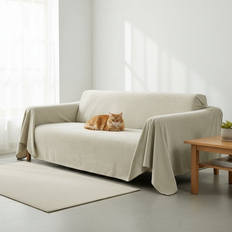 protection canapé anti-griffes chat housse kaki sur canapé deux places avec chat roux protection des griffures poils et éclaboussures