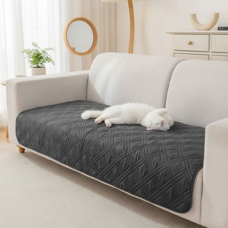 protection canapé chat plaid matelassé noir avec chat blanc endormi