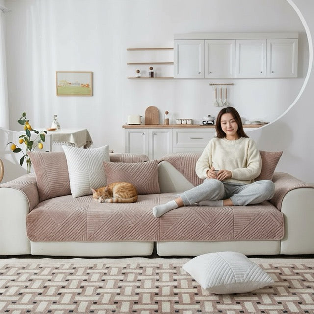 protection canapé chat en velours cristal rose poudré nude anti griffe avec femme et chat allonges sur le canapé