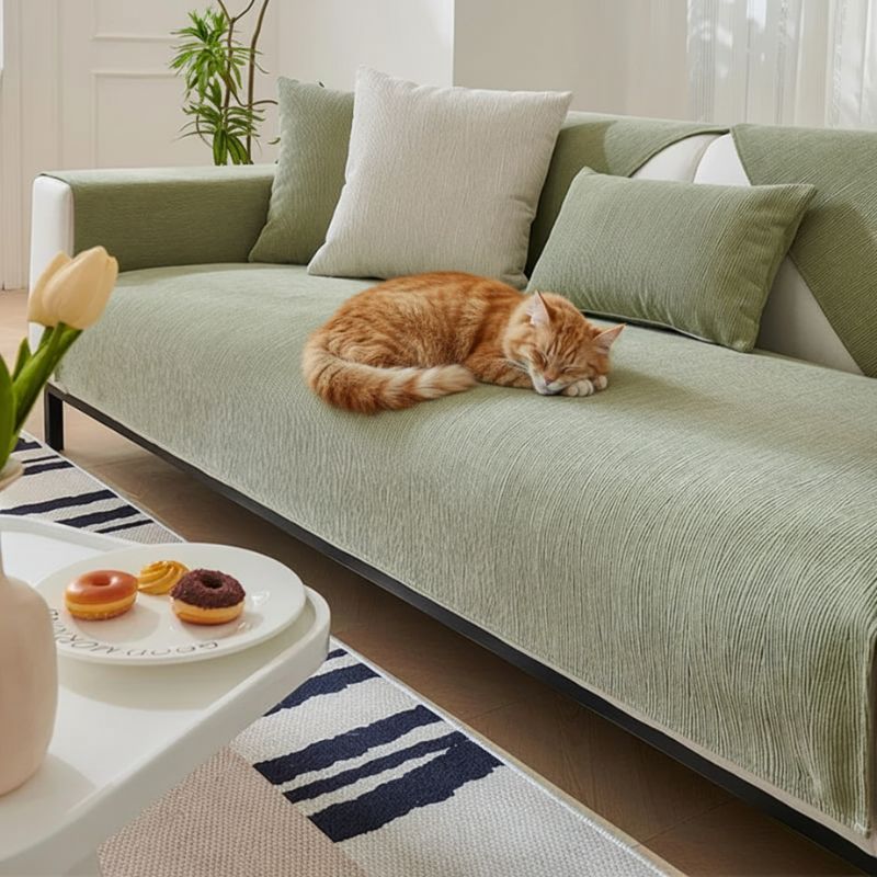 protège canapé chat vert anti-poils avec chat roux endormi sur le canapé