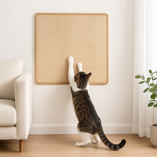 tapis griffoir mural chat en sisal utilisé par un chat devant un canapé avec une plante à côté et une fenêtre en arrière-plan