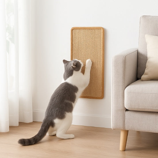 tapis griffoir mural chat en sisal monté sur mur blanc un chat gris et blanc l'utilise pour protéger le canapé et satisfaire son instinct naturel
