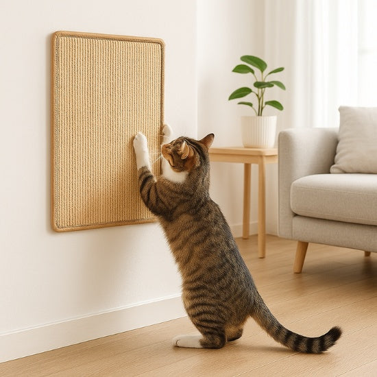 tapis griffoir mural chat en sisal utilisé par un chat sur ses pattes arrière protégeant un canapé adjacent meuble en bois et plante à proximité