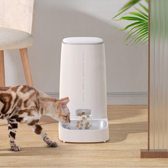 Distributeur croquette chat automatique avec un chat à côté, illustrant son utilisation pratique pour nourrir votre félin en votre absence.
