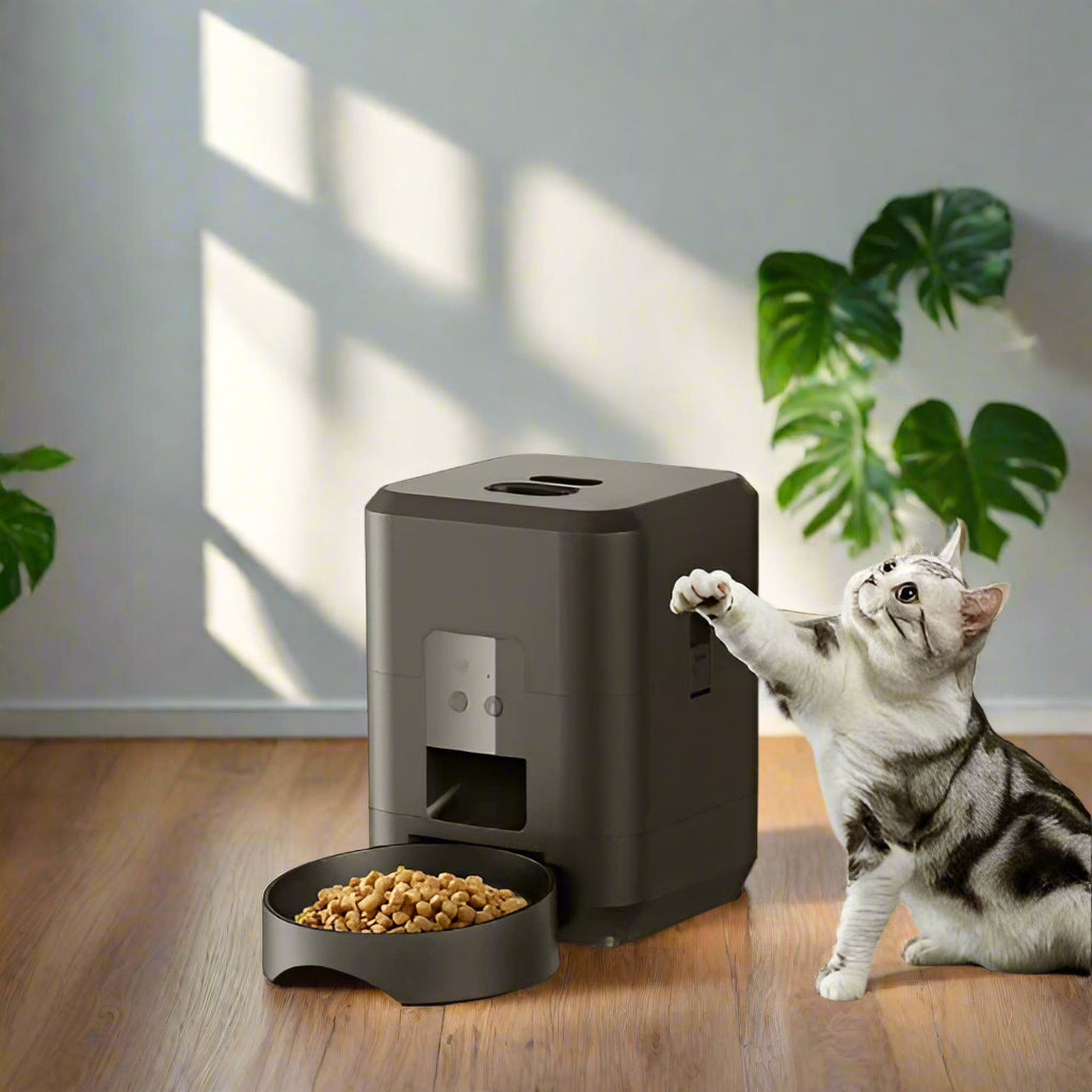 Distributeur croquettes chat avec un chat interagissant avec l'appareil, montrant sa fonctionnalité d'alimentation automatique pour les chats.