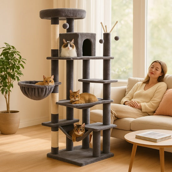 Arbre à chat bois gris anthracite dans un salon lumineux avec une femme détendue sur le canapé