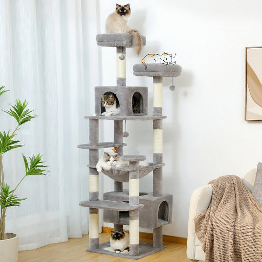Arbre à chat xxl gris et beige adapté aux foyers avec plusieurs chats