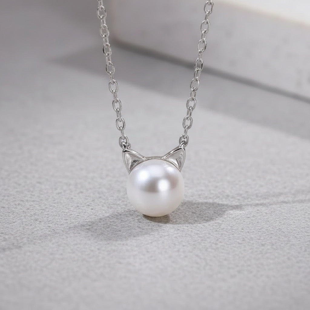 collier pendentif chat avec perle argent catpearl stylisé oreilles de chat argent