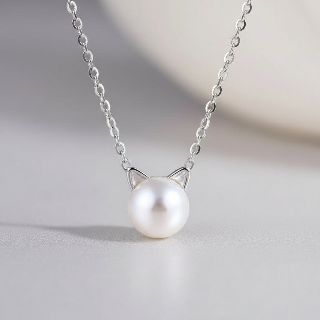 collier pendentif chat avec perle argent minimaliste avec oreilles de chat