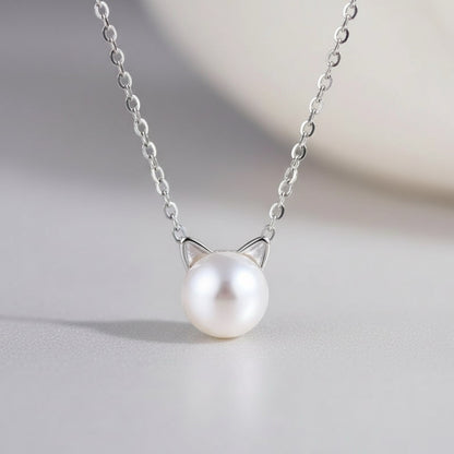 collier pendentif chat avec perle argent minimaliste avec oreilles de chat